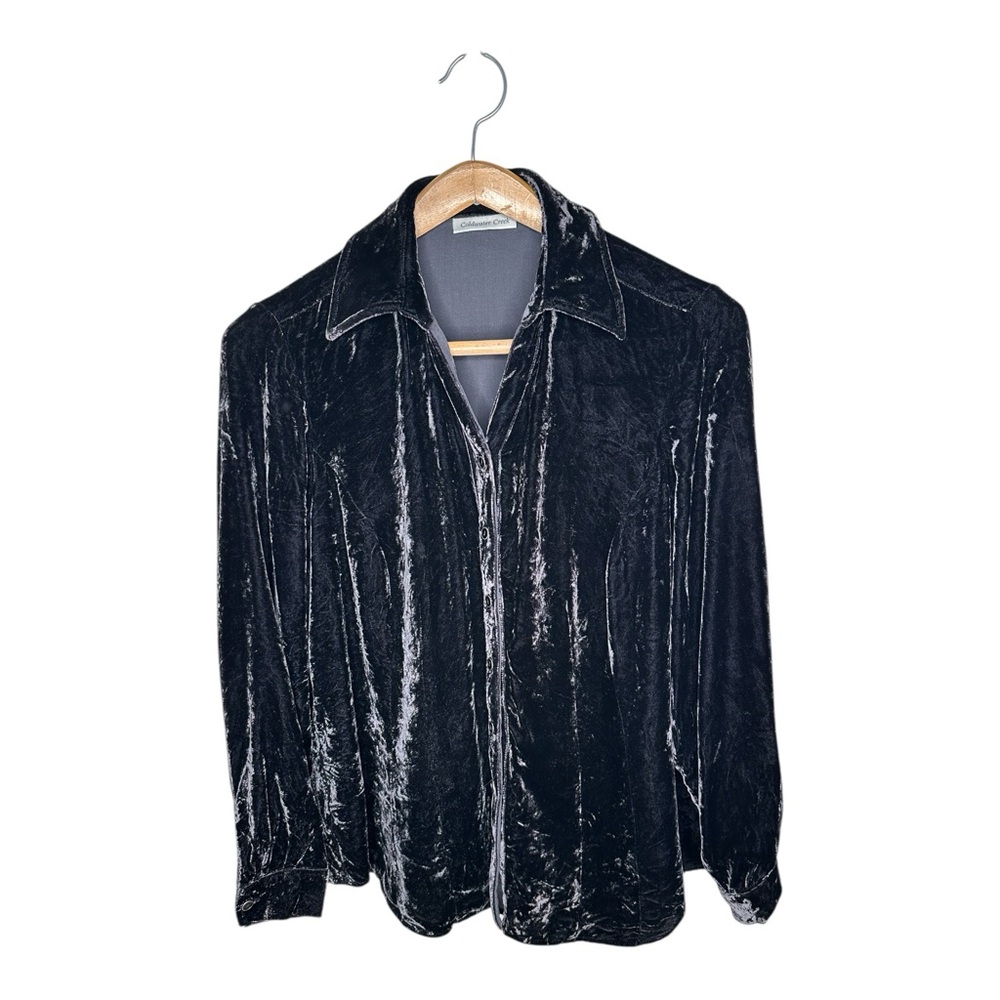 Coldwater Creek Crushed Velvet Top Size 1X Black Button Up Silk Blend Whimsygoth